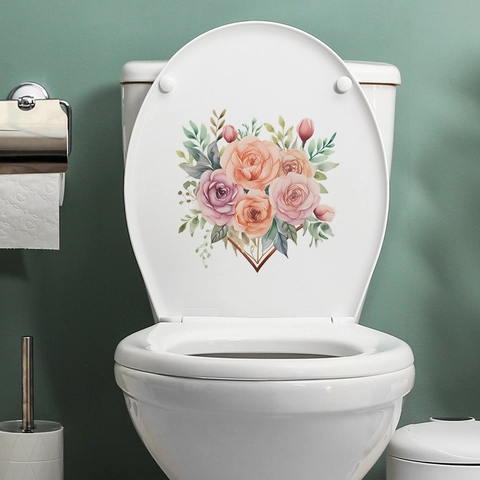 Romantische Aquarel Roos Bloem Toiletsticker Hartvormig Bloemenontwerp Voor Badkamer Decoratie PVC Waterdichte Muursticker