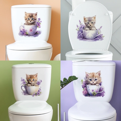 Cute Cartoon Cat In Tea Cup Purple Flower Toilet Sticker Waterproof PVC Removable Home Bathroom Lid Decor Wall Mural Decal
