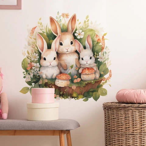 Watercolor Cartoon Bunny Mushroom Wall Sticker PVC DIY Floral Green Plant Decal For Kids Nursery Children Bedroom Home Decor