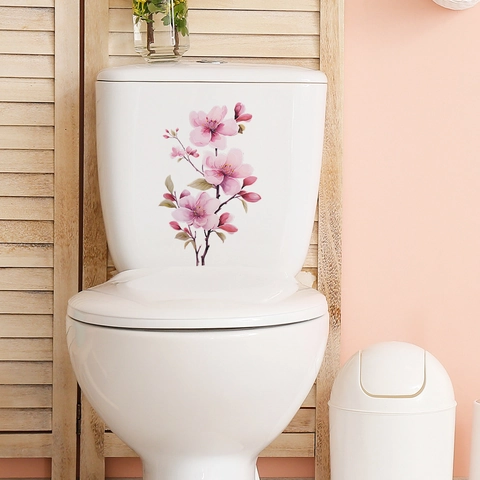 Adesivo per WC Fiore di Ciliegio Impermeabile PVC Floreale Decalcomania da Parete per Bagno Casa Moderno Minimalista Decorativo