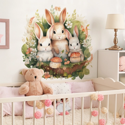 Watercolor Cartoon Bunny Mushroom Wall Sticker PVC DIY Floral Green Plant Decal For Kids Nursery Children Bedroom Home Decor