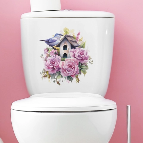 Aquarel Vogel Roos Bloemen Toiletdeksel Sticker Waterdicht PVC Verwijderbare Muursticker Voor Badkamer Huis Decoratie