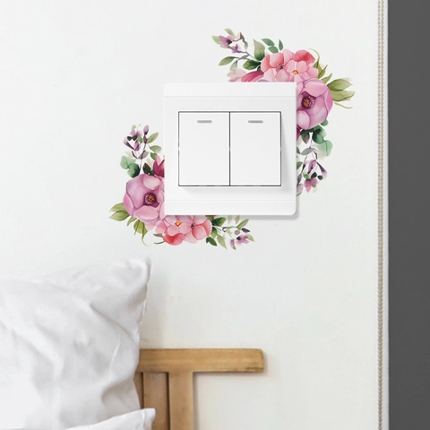 Aquarell Lila Rose Grünes Blatt Blume Wand Schalteraufkleber PVC Abnehmbar Dekorativer Wandaufkleber Für Schlafzimmer Wohnzimmer