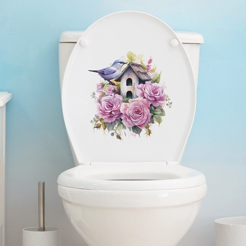 Aquarel Vogel Roos Bloemen Toiletdeksel Sticker Waterdicht PVC Verwijderbare Muursticker Voor Badkamer Huis Decoratie