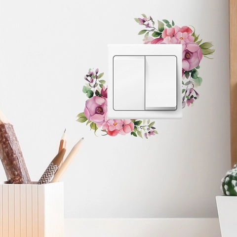 Aquarell Lila Rose Grünes Blatt Blume Wand Schalteraufkleber PVC Abnehmbar Dekorativer Wandaufkleber Für Schlafzimmer Wohnzimmer