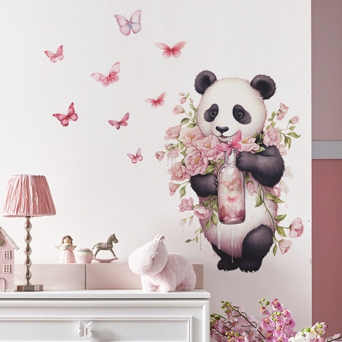 Sticker Mural Panda de Dessin Animé Avec Fleurs Roses Papillon PVC DIY Décoration de Chambre d'Enfant Salon Maison