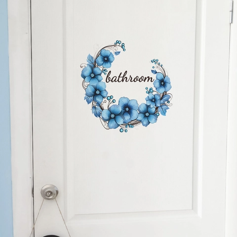 Romantic Blue Flower Bathroom Door Sticker PVC Waterproof Floral Wreath Sign Decal For Home Wall Decor Art
