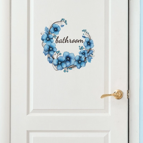 Romantic Blue Flower Bathroom Door Sticker PVC Waterproof Floral Wreath Sign Decal For Home Wall Decor Art