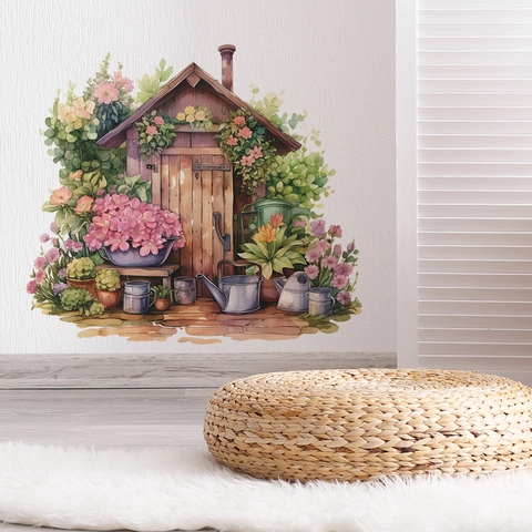 Adesivo da Parete a Forma di Casetta da Giardino a Fiori in Stile Acquerello PVC Rimovibile DIY Decalcomania per Soggiorno Camera da Letto