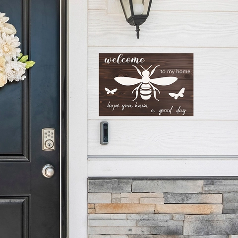 Sticker Mural Abeille Welcome To My Home PVC Effet Grain de Bois Papillon Slogan Décalcomanie pour Salon Décoration Maison