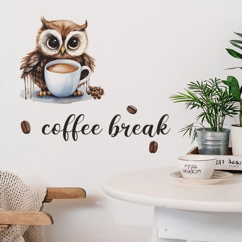 Cartoon Eule Coffee Break Wandtattoo Für Küche Cafe Zuhause Dekoration Abnehmbare Wasserdichte PVC Wandaufkleber Wandbild