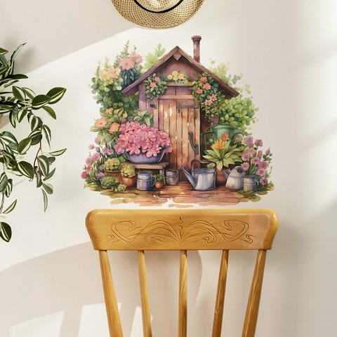 Adesivo da Parete a Forma di Casetta da Giardino a Fiori in Stile Acquerello PVC Rimovibile DIY Decalcomania per Soggiorno Camera da Letto