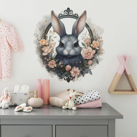 Watercolor Rabbit Floral Wreath Wall Sticker PVC Waterproof Pink Roses Decorative Decal For Kids Nursery Bedroom Living Room