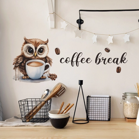 Cartoon Eule Coffee Break Wandtattoo Für Küche Cafe Zuhause Dekoration Abnehmbare Wasserdichte PVC Wandaufkleber Wandbild