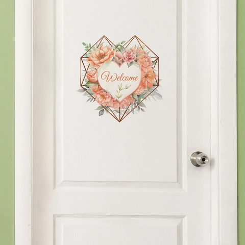 Welcome Door Sticker Heart Flower Wreath Wall Decal Modern Minimalist PVC Self Adhesive Art Mural For Home Decor