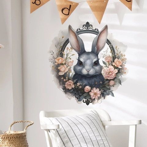 Watercolor Rabbit Floral Wreath Wall Sticker PVC Waterproof Pink Roses Decorative Decal For Kids Nursery Bedroom Living Room