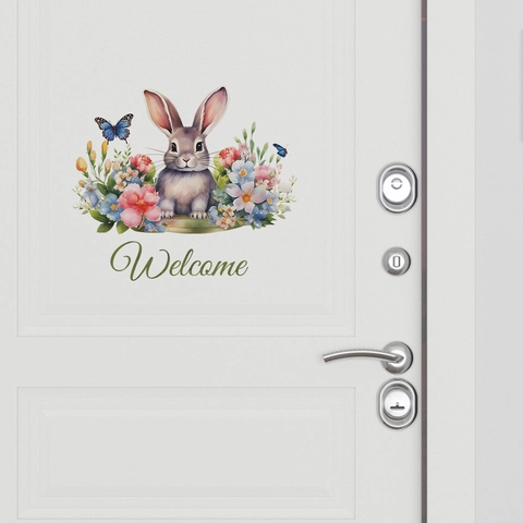 Cartoon Hase Blume Schmetterling Welcome Slogan Tür Wandaufkleber PVC Aquarell Stil Home Decor Schlafzimmer Wandbild