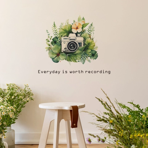 Retro Camera Tropische Groene Bladeren Muursticker PVC Decoratieve Sticker Voor Woonkamer Slaapkamer Home Decor