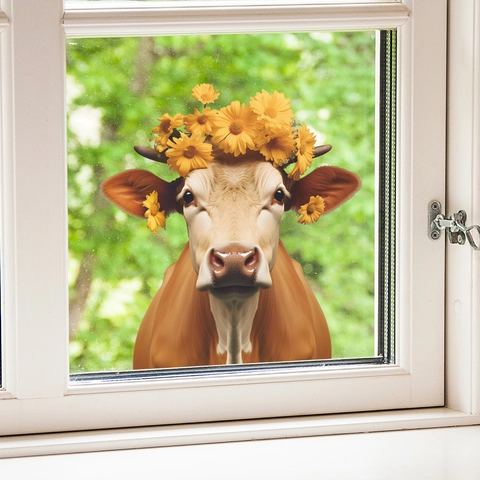Cartoon Kuh Mit Gelbem Chrysanthemenkranz Statische Fensterfolie PVC Abnehmbarer Glasaufkleber Für Haus Balkon Wohnzimmer Dekor