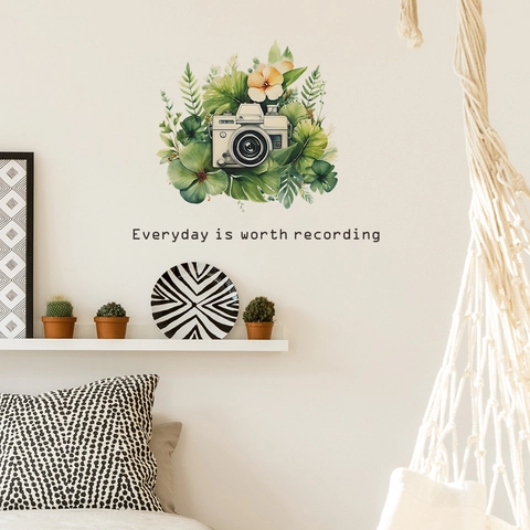 Retro Camera Tropische Groene Bladeren Muursticker PVC Decoratieve Sticker Voor Woonkamer Slaapkamer Home Decor