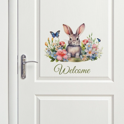 Cartoon Hase Blume Schmetterling Welcome Slogan Tür Wandaufkleber PVC Aquarell Stil Home Decor Schlafzimmer Wandbild