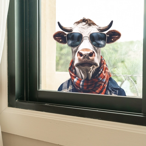 3D Funny Cow Wearing Sunglasses Window Sticker PVC Static Cling Glass Decal Humorous Animal Home Decor Wall Sticker Decor