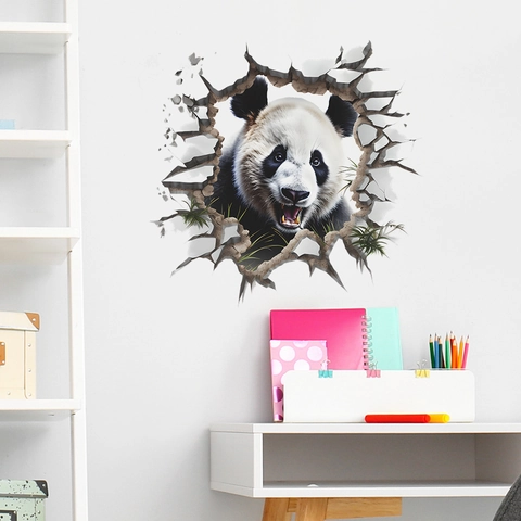 Pegatina de Pared de Panda 3D Realista Efecto Pared Rota PVC Calcomanía de Animal Creativa para Sala de Estar Dormitorio