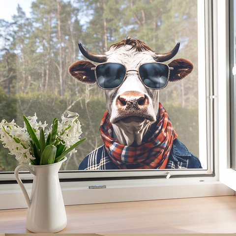 3D Funny Cow Wearing Sunglasses Window Sticker PVC Static Cling Glass Decal Humorous Animal Home Decor Wall Sticker Decor