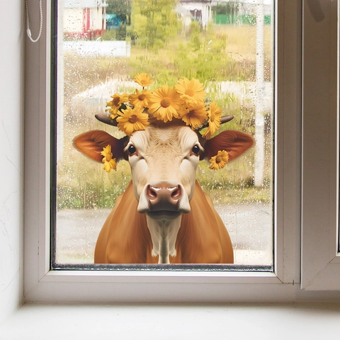 Cartoon Kuh Mit Gelbem Chrysanthemenkranz Statische Fensterfolie PVC Abnehmbarer Glasaufkleber Für Haus Balkon Wohnzimmer Dekor