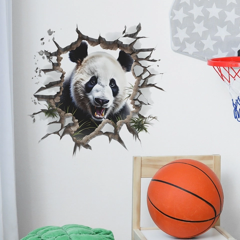 Pegatina de Pared de Panda 3D Realista Efecto Pared Rota PVC Calcomanía de Animal Creativa para Sala de Estar Dormitorio