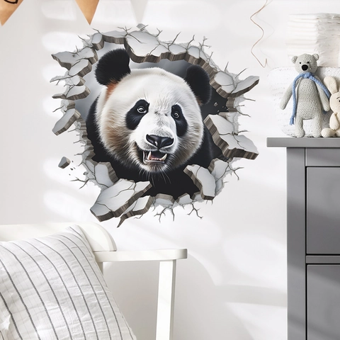 Realistische 3D Reuzenpanda Muursticker Gebroken Muur Visueel Effect Decoratieve PVC Sticker Voor Woonkamer Slaapkamer Decor