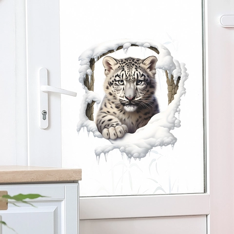3D Schneeleopard Broken Wall Wandtattoo PVC Abnehmbar Statisch UV Druck Home Decor Aufkleber Für Fenster Glastür