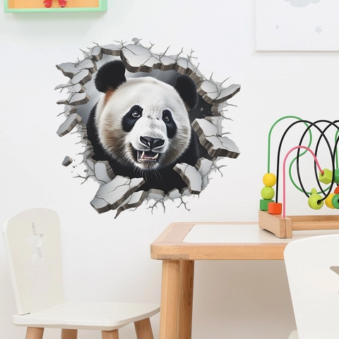 Realistische 3D Reuzenpanda Muursticker Gebroken Muur Visueel Effect Decoratieve PVC Sticker Voor Woonkamer Slaapkamer Decor