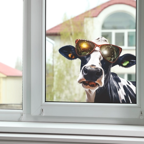 Divertida Vaca Asomada Con Gafas de Sol Animal Humorístico Pegatina Ventana UV Estática Calcomanía PVC Decoración Hogar