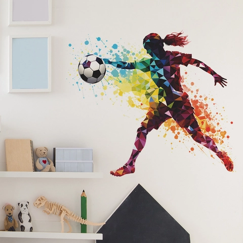 Adesivo da Parete Calciatrice Geometrica Decalcomania PVC Colorata Atleta Sportivo Murale Artistico per Camera da Letto Cameretta Bambini