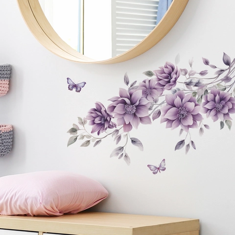 Lila Blumen Schmetterling Wandtattoo PVC Aquarell Floral Wandaufkleber Für Wohnzimmer Schlafzimmer Home Decor Wandbild