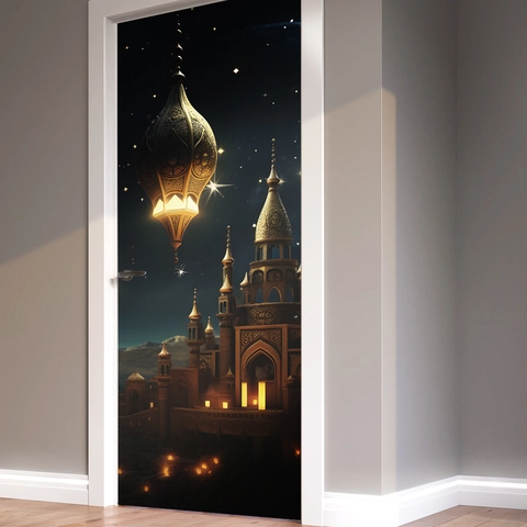 Adhesivo de Puerta 3D de Estilo Oriente Medio Exótico Castillo Linterna Noche Estrellada PVC Decoración de Hogar Mural