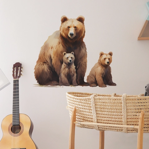 Cartoon Brown Bear Family Wall Sticker Watercolor Animal PVC Decal For Kids Nursery Kindergarten Home Wall Decoration
