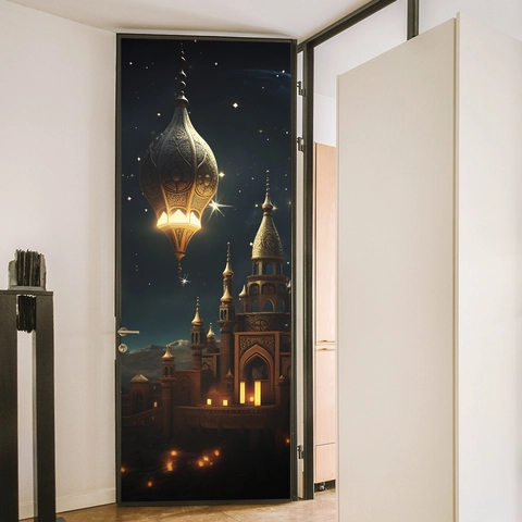 Adhesivo de Puerta 3D de Estilo Oriente Medio Exótico Castillo Linterna Noche Estrellada PVC Decoración de Hogar Mural