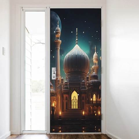 3D Droomkasteel Moskee Deursticker Nachtelijke Hemel Sterrenhemel Maan Zelfklevend PVC Waterdicht Muurschildering Huisdecoratie Slaapkamer