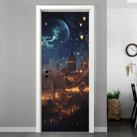Adesivo per Porta Castello Notte Fantasia Murale 3D Impermeabile PVC Stile Islamico Luna Lanterna per Camera Letto