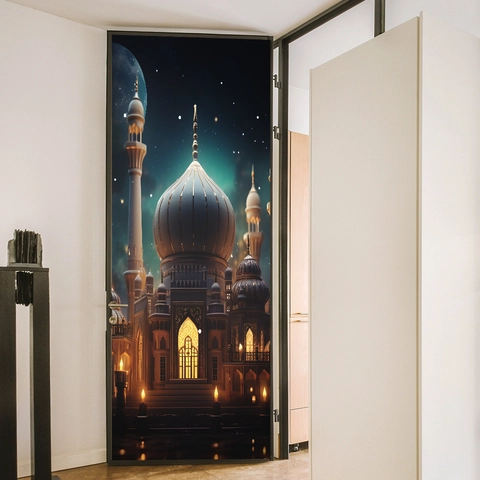 3D Droomkasteel Moskee Deursticker Nachtelijke Hemel Sterrenhemel Maan Zelfklevend PVC Waterdicht Muurschildering Huisdecoratie Slaapkamer
