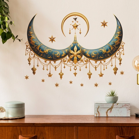 Blau Gold Halbmond Stern Wandaufkleber Ramadan Eid Dekoration Arabesque PVC Abnehmbare Wandtattoo Für Wohnzimmer Dekor