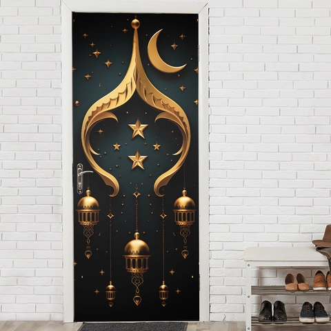 Pegatina De Puerta Ramadan Eid Mubarak Islamico Dorado Luna Estrella Linterna Relieve Mural Autoadhesivo Decoracion Hogar