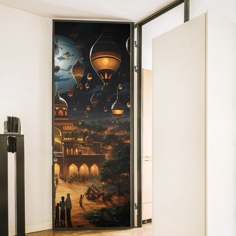 Sticker de Porte Nuit Arabe Fantastique en PVC Auto-Adhésif 3D Montgolfière Lune Palais Décoration de Rénovation Maison