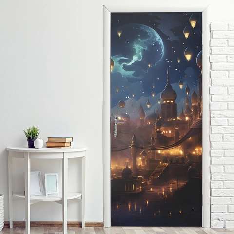 Adesivo per Porta Castello Notte Fantasia Murale 3D Impermeabile PVC Stile Islamico Luna Lanterna per Camera Letto