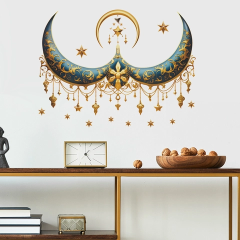 Blau Gold Halbmond Stern Wandaufkleber Ramadan Eid Dekoration Arabesque PVC Abnehmbare Wandtattoo Für Wohnzimmer Dekor