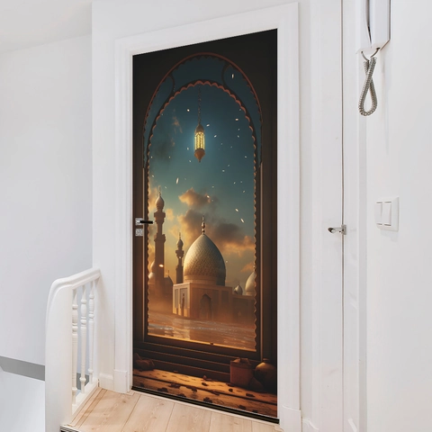3D Deursticker Islamitische Moskee Boog Zonsondergang PVC Zelfklevend Midden-Oosterse Stijl Muurschildering Huisdecoratie