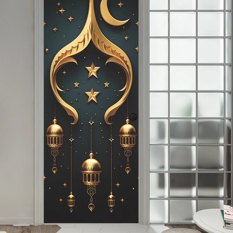 Pegatina De Puerta Ramadan Eid Mubarak Islamico Dorado Luna Estrella Linterna Relieve Mural Autoadhesivo Decoracion Hogar