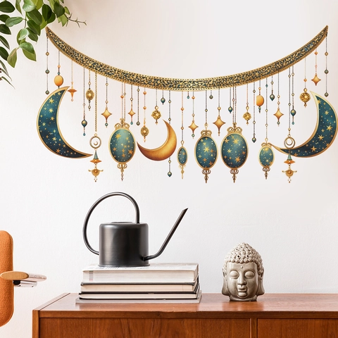 Pegatina de Pared Ramadan Luna Estrellas Linterna PVC Removible Decoración Islámica Eid Azul Marino Oro Mural Para Sala De Estar Dormitorio